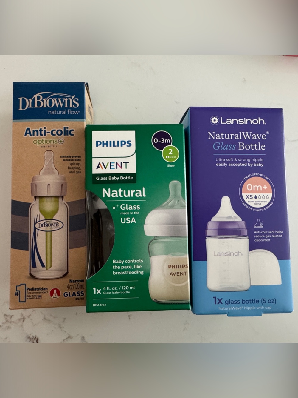 Glass bottle mix pack- Philips Avent, Dr. Browns and Lansinoh